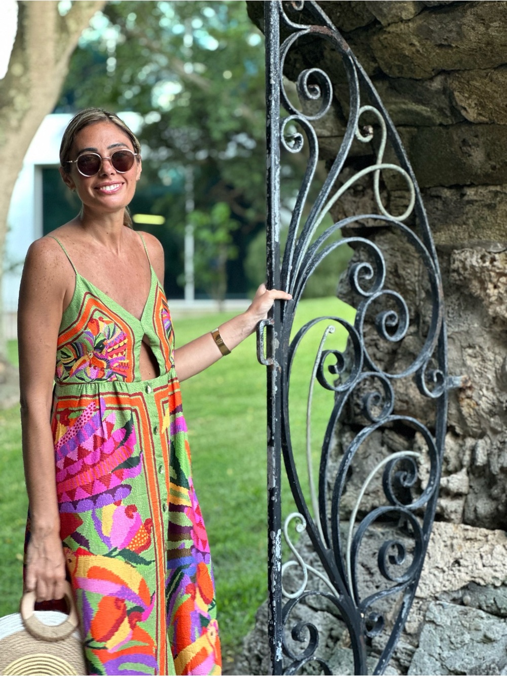 FARM Rio Multicolor Floral Maxi Dress with Green Trim